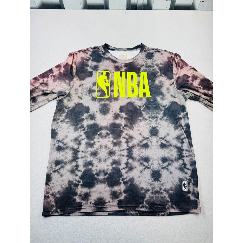 NBA Men XL Long Sleeve Tie Dye Graphic Tee Black Gray Neon Yellow Logo Shirt